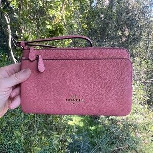 COACH Double Zip Wristlet Wallet Pink Pebble Leather with Gold Hardware